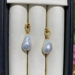 AAAA Quality, 11*14mm white baroque freshwater pearl earring, 18K Gold