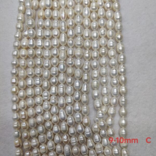 9-10mm white rice-shaped freshwater pearl strand, C Quality, 16 inches