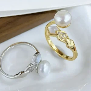 Anillo de perla de agua dulce blanca de 7-8mm, grado AAA, plata 925/oro de 18K