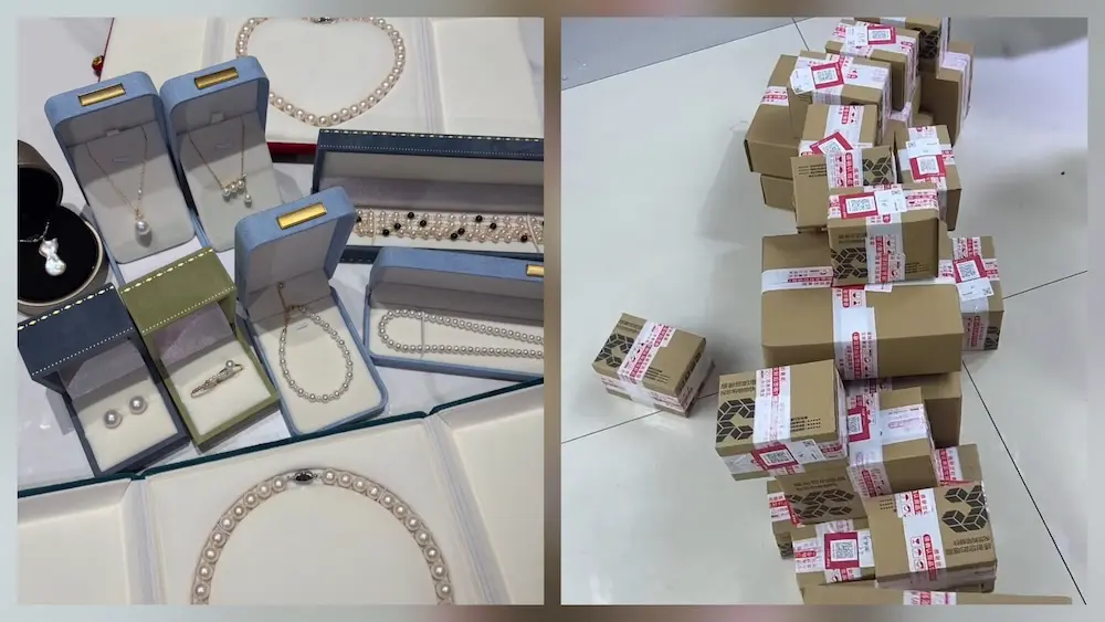 A factory warehouse with stable inventory and export-ready bulk pearl shipments, custom packed with full trade documentation.