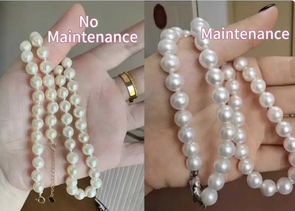 B2B 가이드: 거울 광택이 유지된 진주와 황변되고 진주층이 손상된 방치된 진주를 명확히 대비시킨 사례.