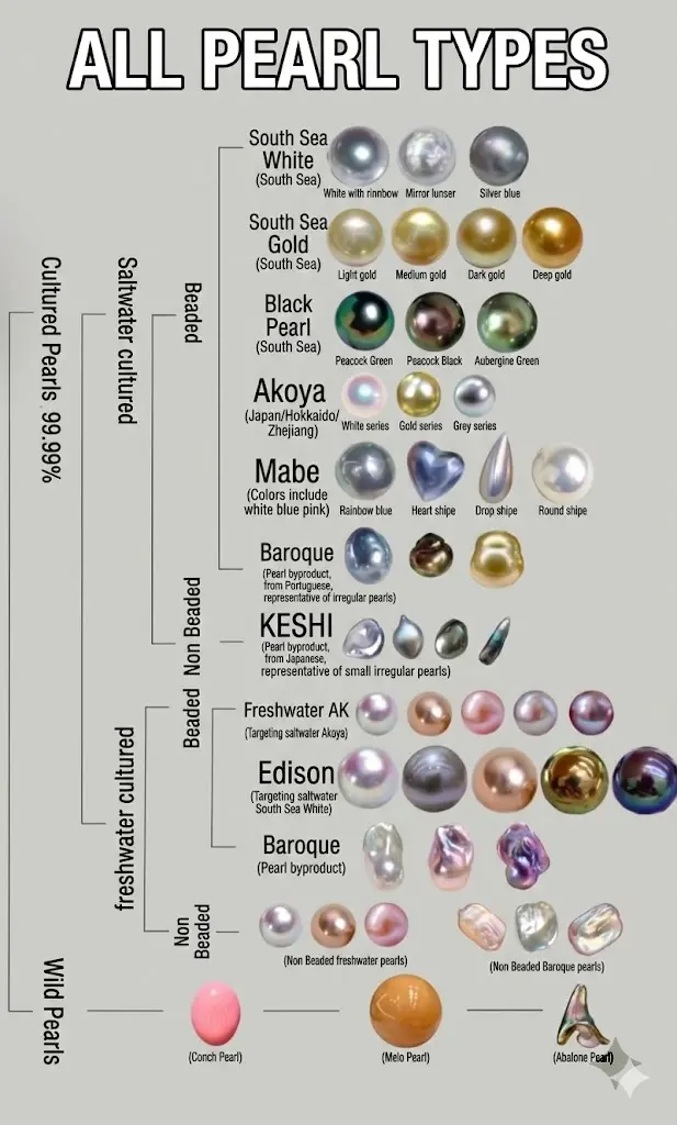 Perlas de agua dulce vs Perlas cultivadas: ¿Son lo mismo? 1 Todos los tipos de perlas - Perlas de agua dulce vs. perlas cultivadas