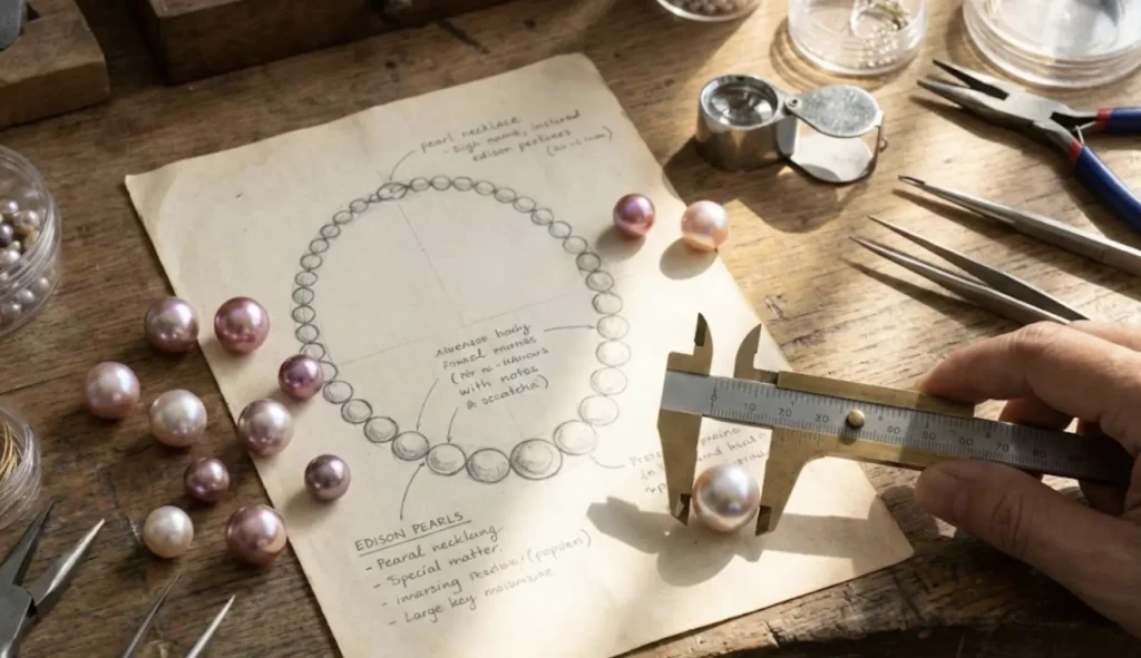 Edison Pearls vs South Sea Pearls: Why Designers Are Choosing the Affordable Alternative 5 Jewelry designer selecting cost-effective large pearls for a new necklace collection using high-quality Edison pearls.