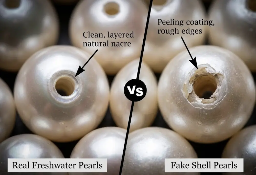 دليل المحترف لتحديد اللؤلؤة الحقيقية من المياه العذبة: ما وراء اختبار الأسنان 2 مقارنة ماكرو بين لؤلؤ العذب الطبيعي مقابل لؤلؤ القشرة: ثقب اللؤلؤ الحقيقي (يسار) مقابل تقشير الطلاء على اللؤلؤ المزيف (يمين).