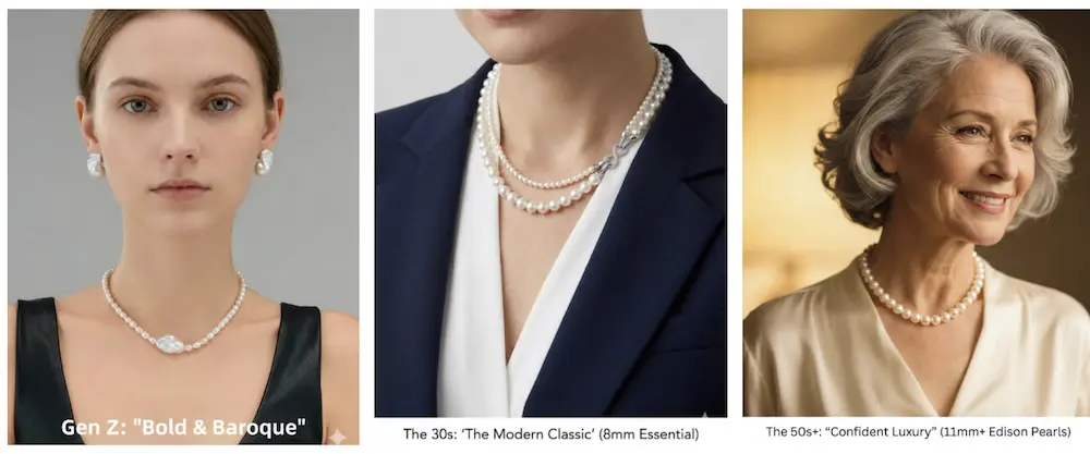 異なる年齢層が着用する真珠ネックレスのサイズ比較、伝統的なルールを打ち破る