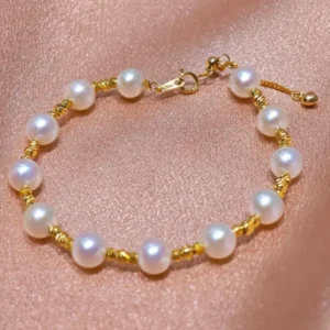 Bracciale con perla d'acqua dolce bianca near round da 7-7,5 mm, grado AAA, argento s925
