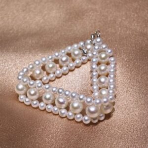 Bracciale con perle d'acqua dolce bianche vicine rotonde da 7-7,5mm e 4-4,5mm | Chiusura in argento S925 - Produttore di Perle in Cina